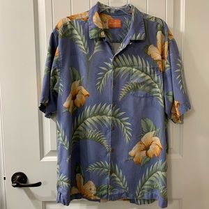 TOMMY BAHAMA Hawaiian Aloha Tropical Floral Hibiscus Palm Blue Camp Shirt Silk L